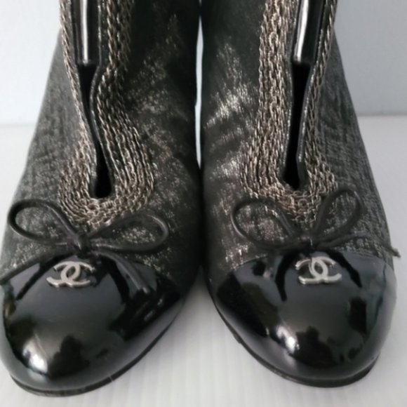 Chanel Black Patent Leather and Fabric Chain Embellished  CHANEL Black Metallic Fabric & Patent Leather Ankle Booties